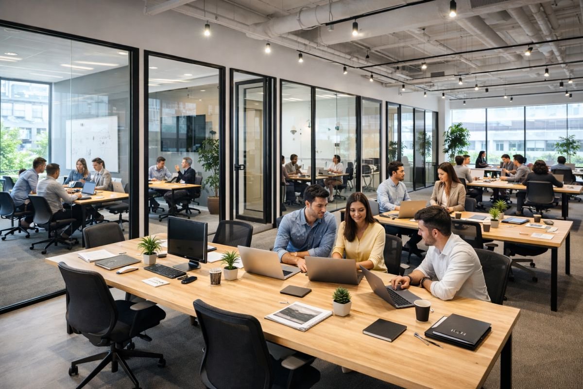 plug and play coworking office setup with desks laptops and meeting rooms