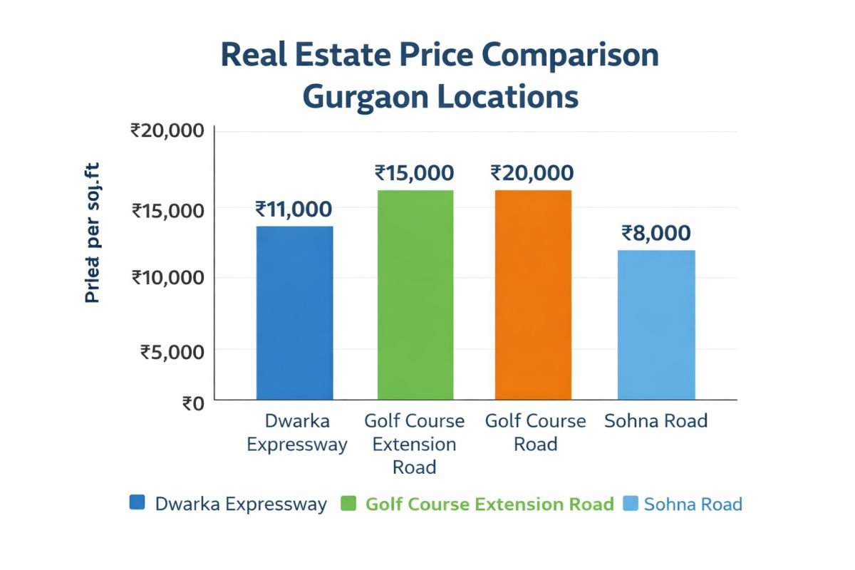 price comparison Golf Course Road vs Dwarka Expressway property rates chart