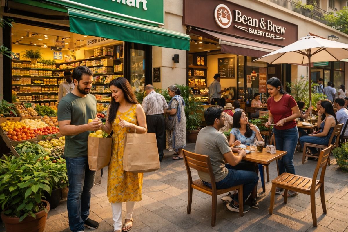 local residents visiting neighborhood grocery and cafe regularly