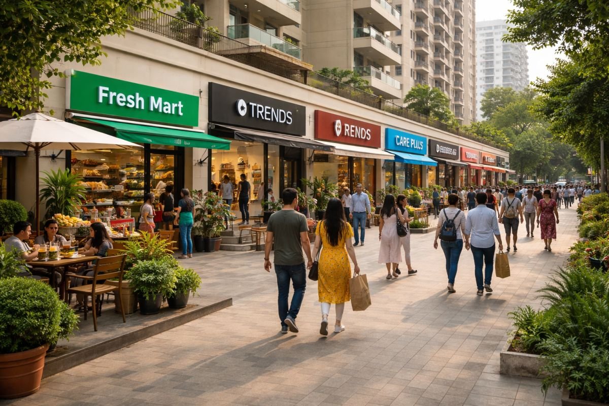 busy neighborhood retail street with high pedestrian visibility