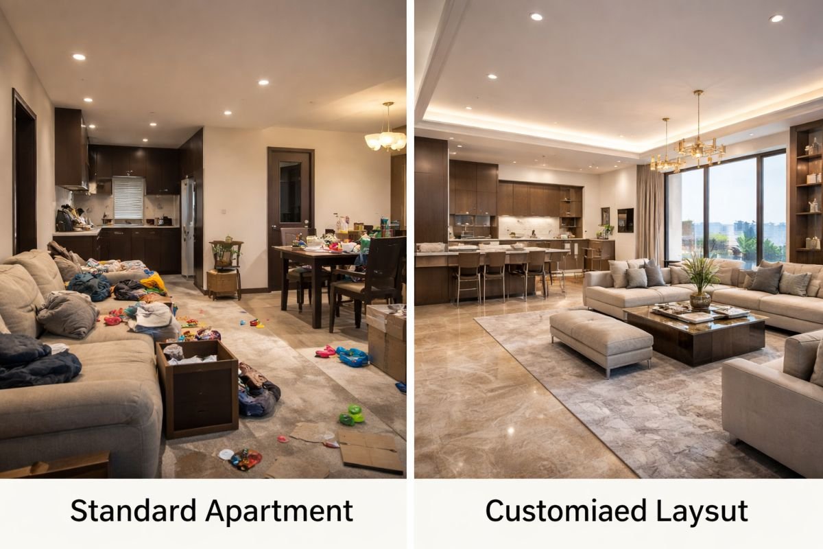 standard vs custom luxury apartment layout comparison Gurgaon interior space planning