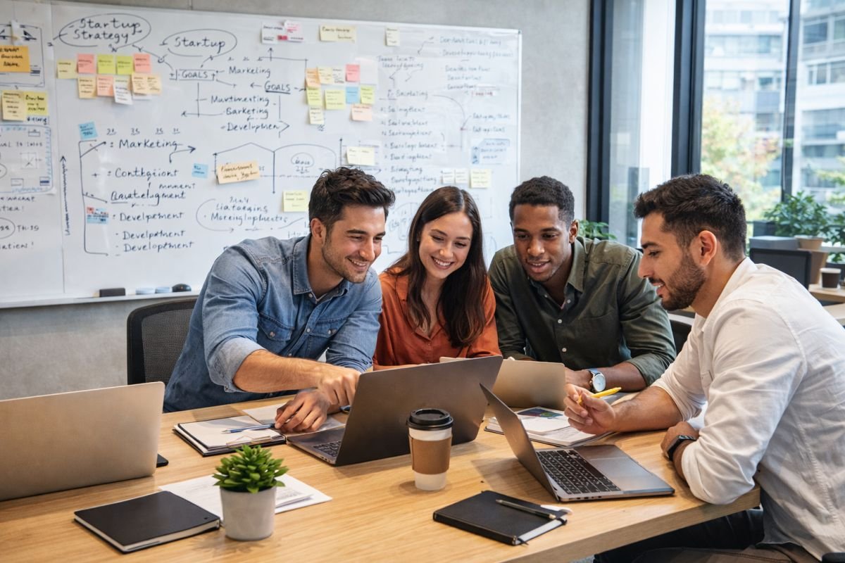 startup team working together in coworking office environment