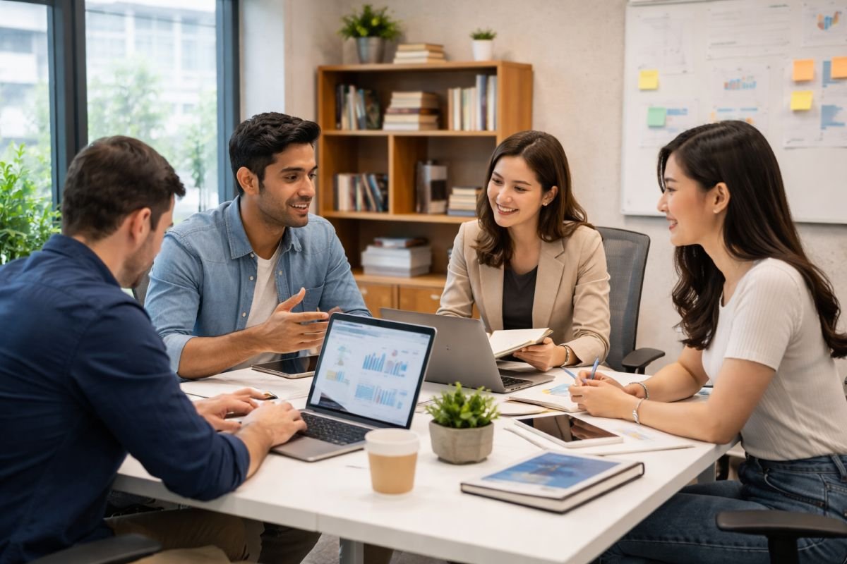 startup team working in compact office workspace
