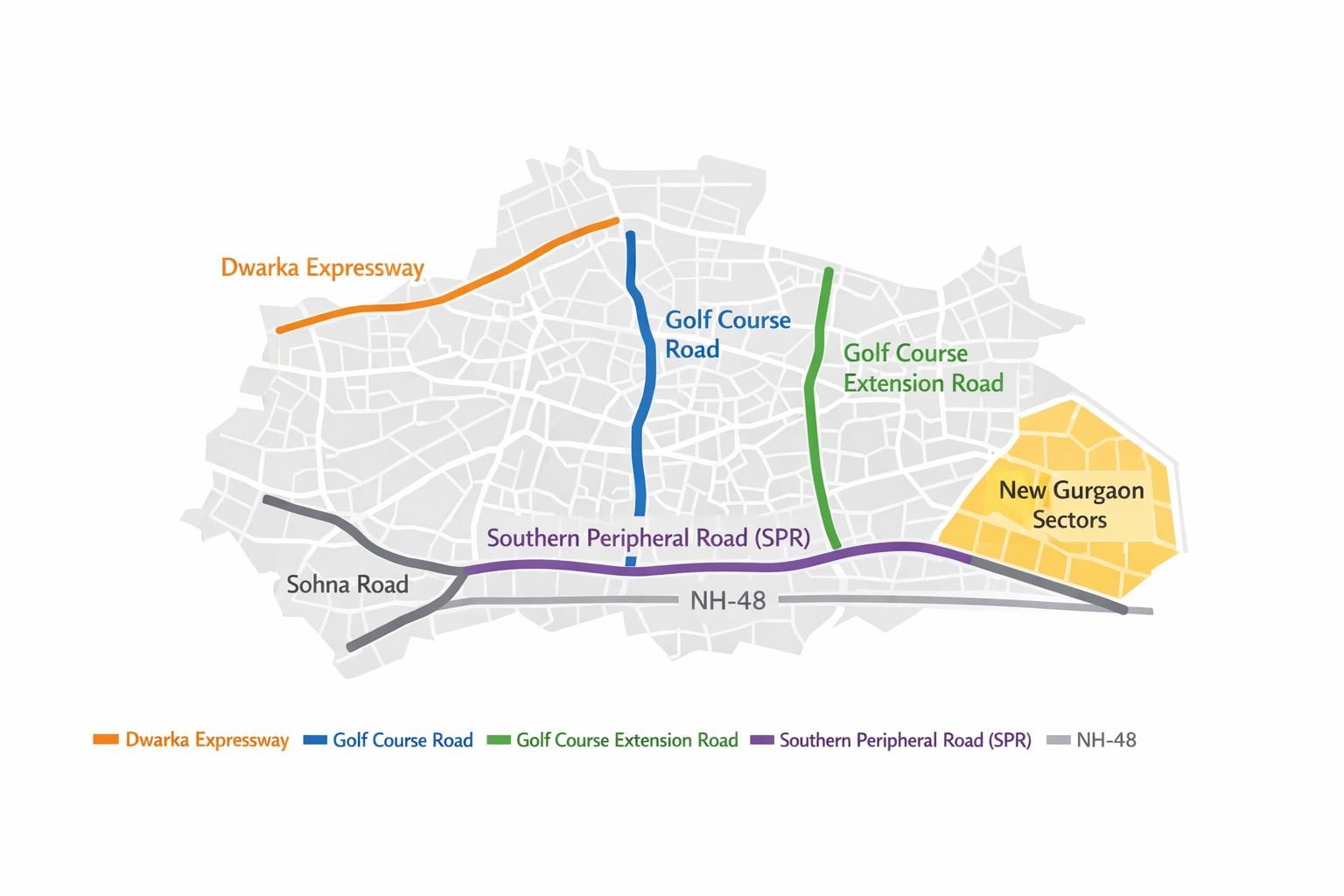 Map showing major Gurgaon real estate corridors including Golf Course Road, Golf Course Extension Road, Dwarka Expressway, SPR and New Gurgaon sectors