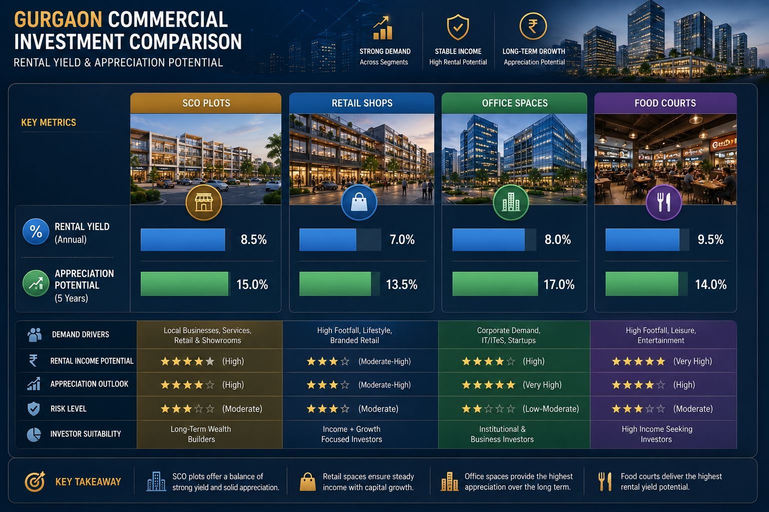 Commercial property ROI comparison chart for Gurgaon SCO retail and office investments