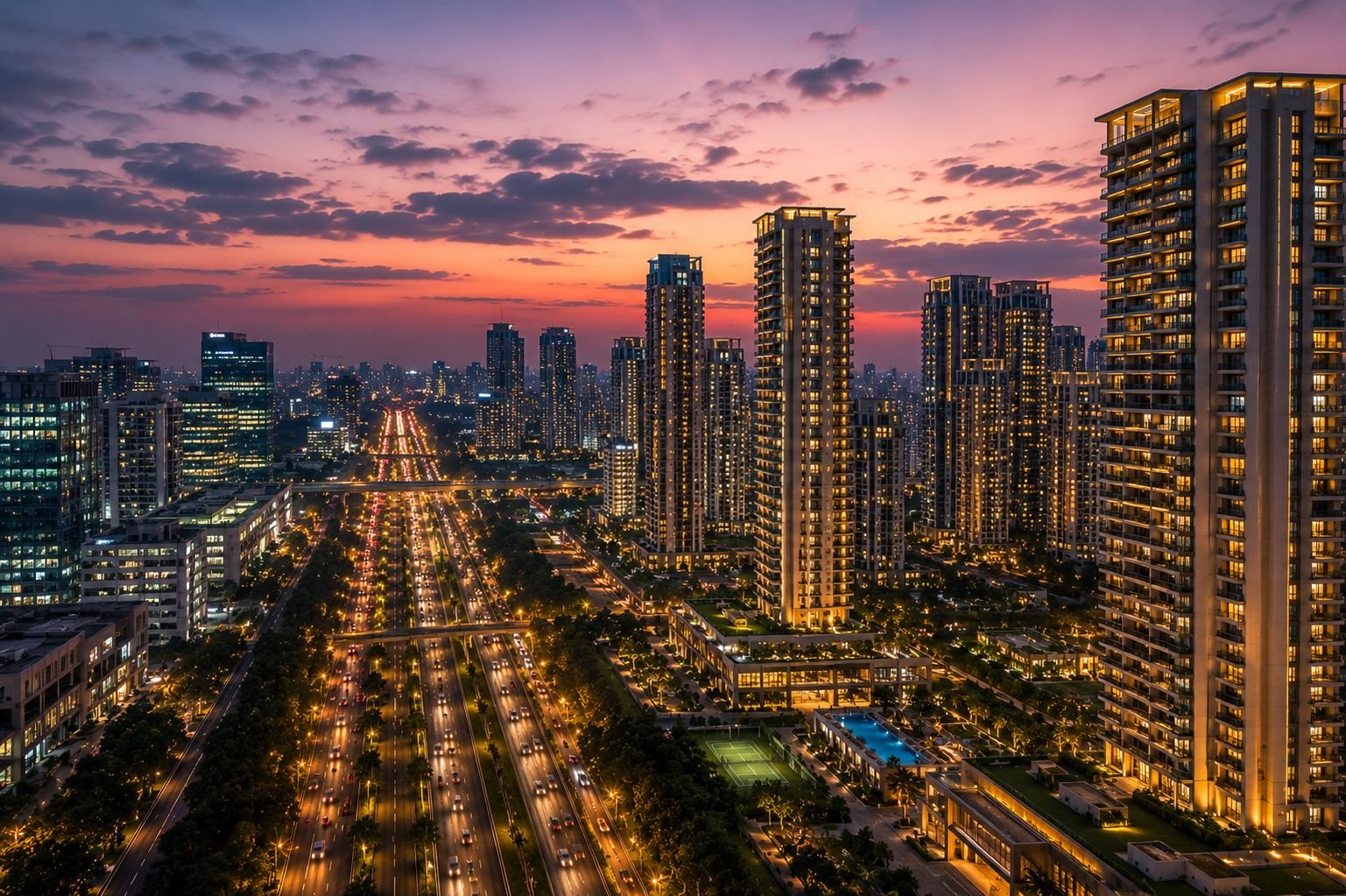 Future luxury skyline of Gurgaon residential corridor at dusk