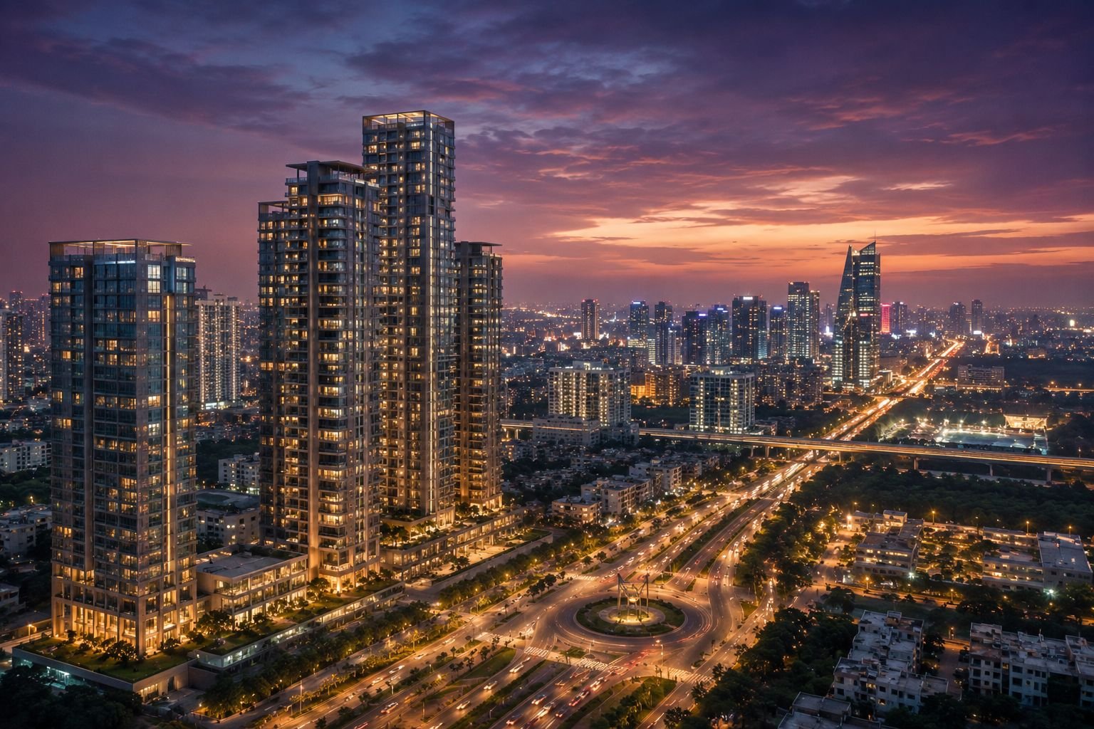 Future luxury residential skyline of Gurgaon at dusk