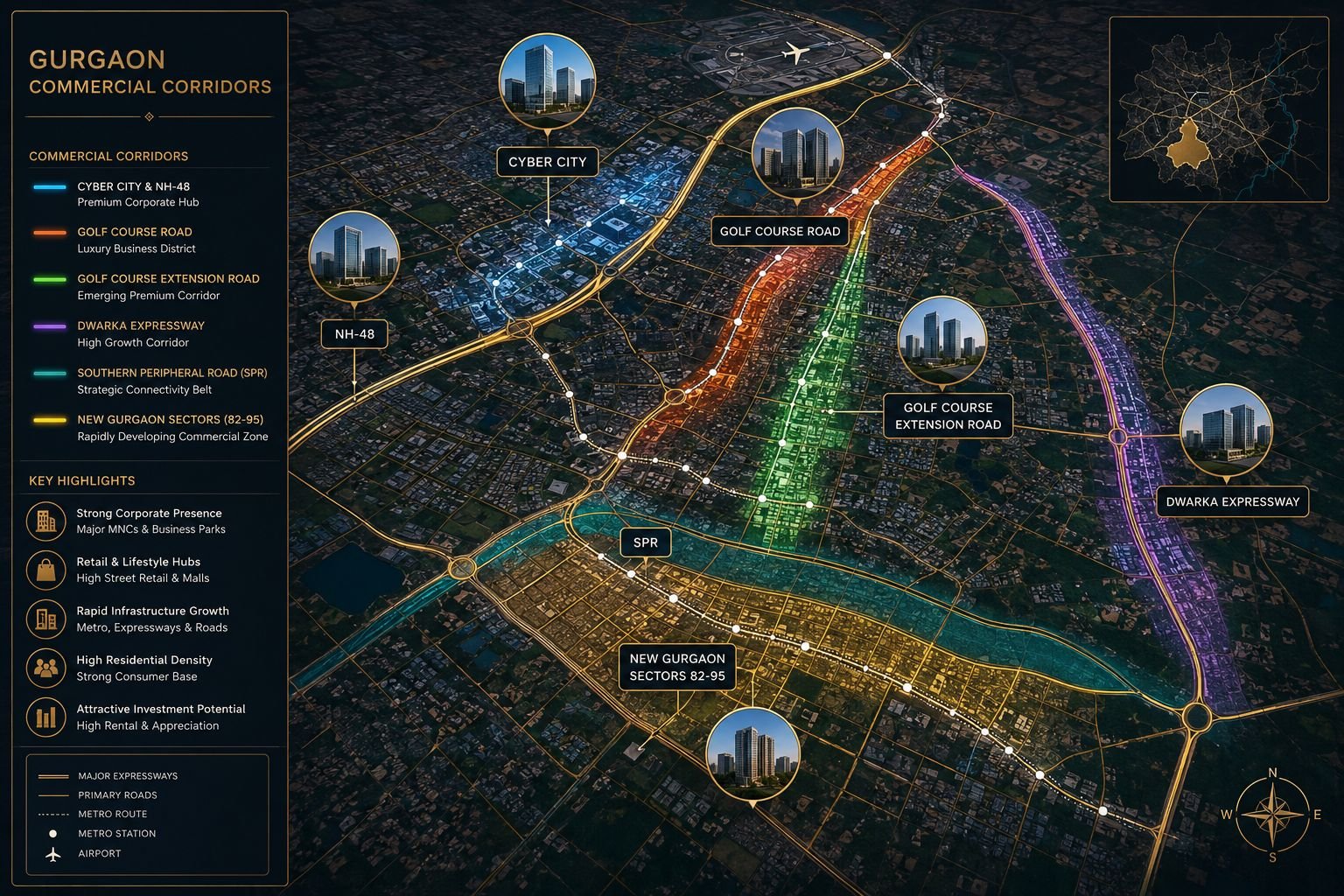Map showing major commercial investment corridors in Gurgaon including Dwarka Expressway and Golf Course Road