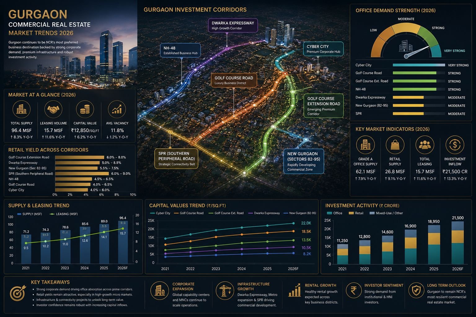 Gurgaon commercial market snapshot showing retail yield and office demand trends