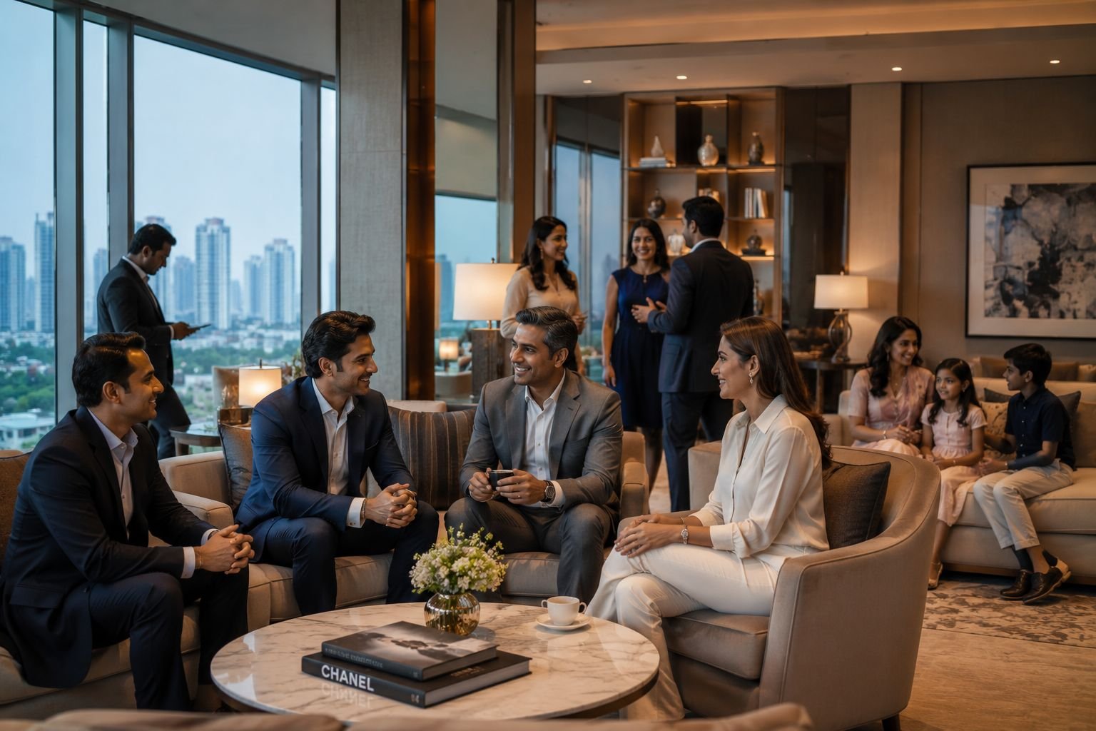 Affluent professionals enjoying luxury lifestyle in Gurgaon high-rise residence