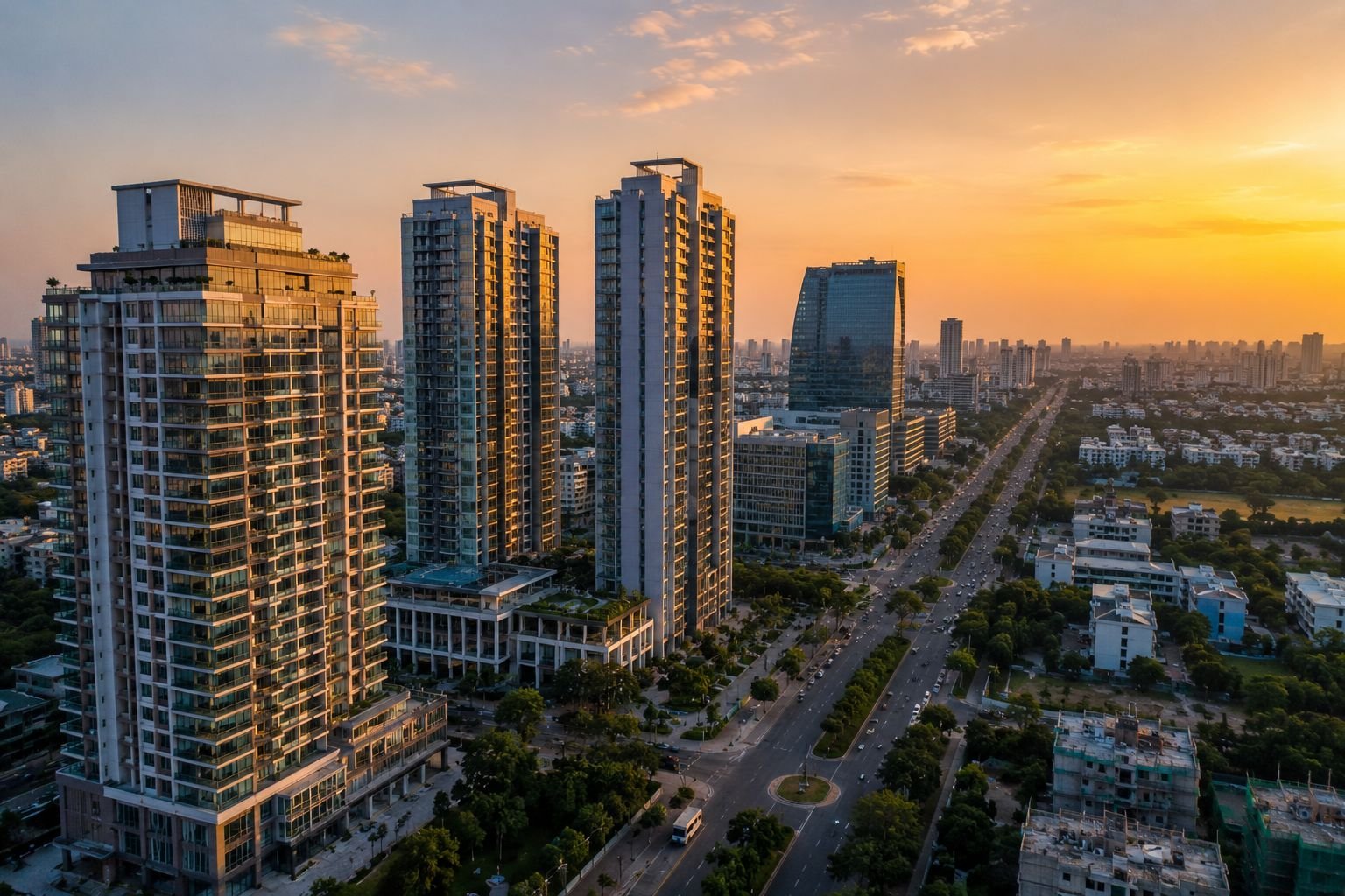 Modern luxury skyline of Gurgaon featuring premium residential towers