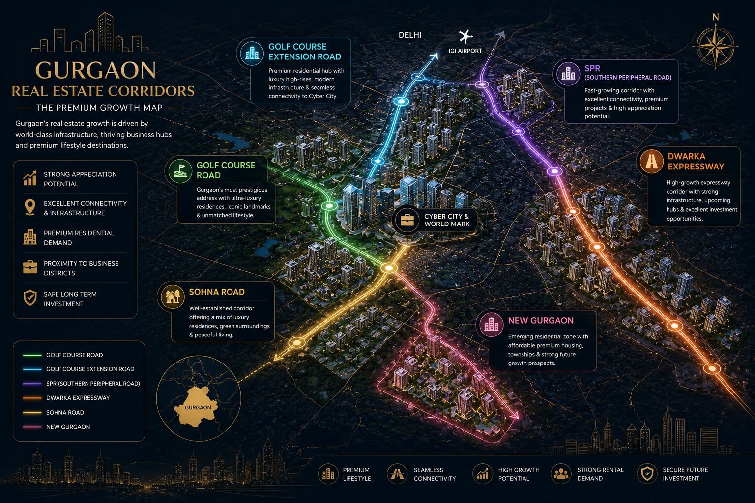 Major real estate corridors in Gurgaon including Golf Course Road and Dwarka Expressway