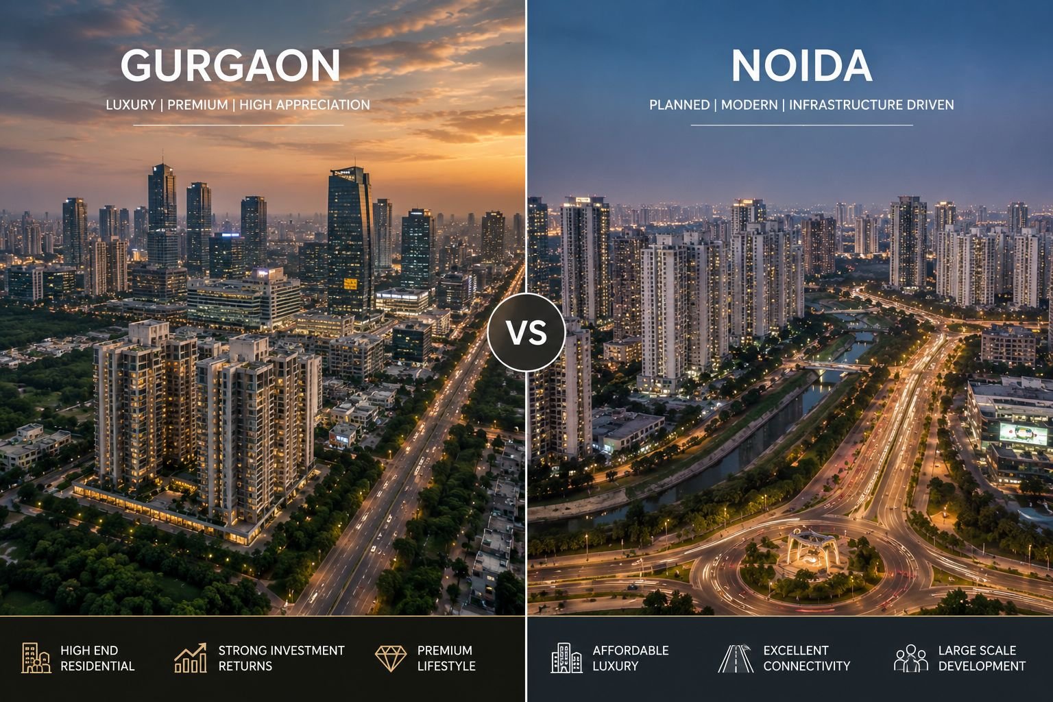 Comparison of Gurgaon luxury skyline with modern NCR residential development