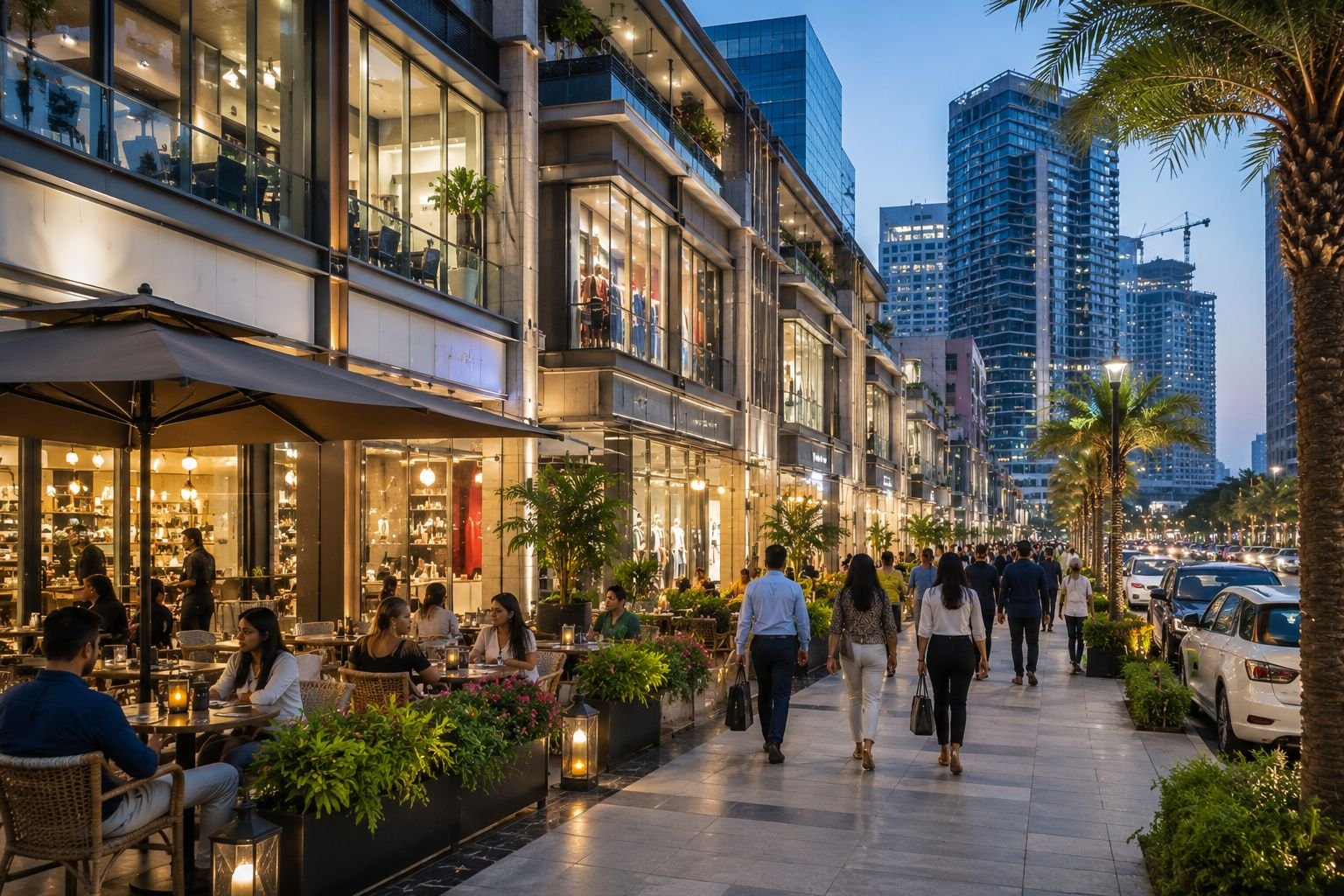 High street retail market in Gurgaon with cafes and branded stores