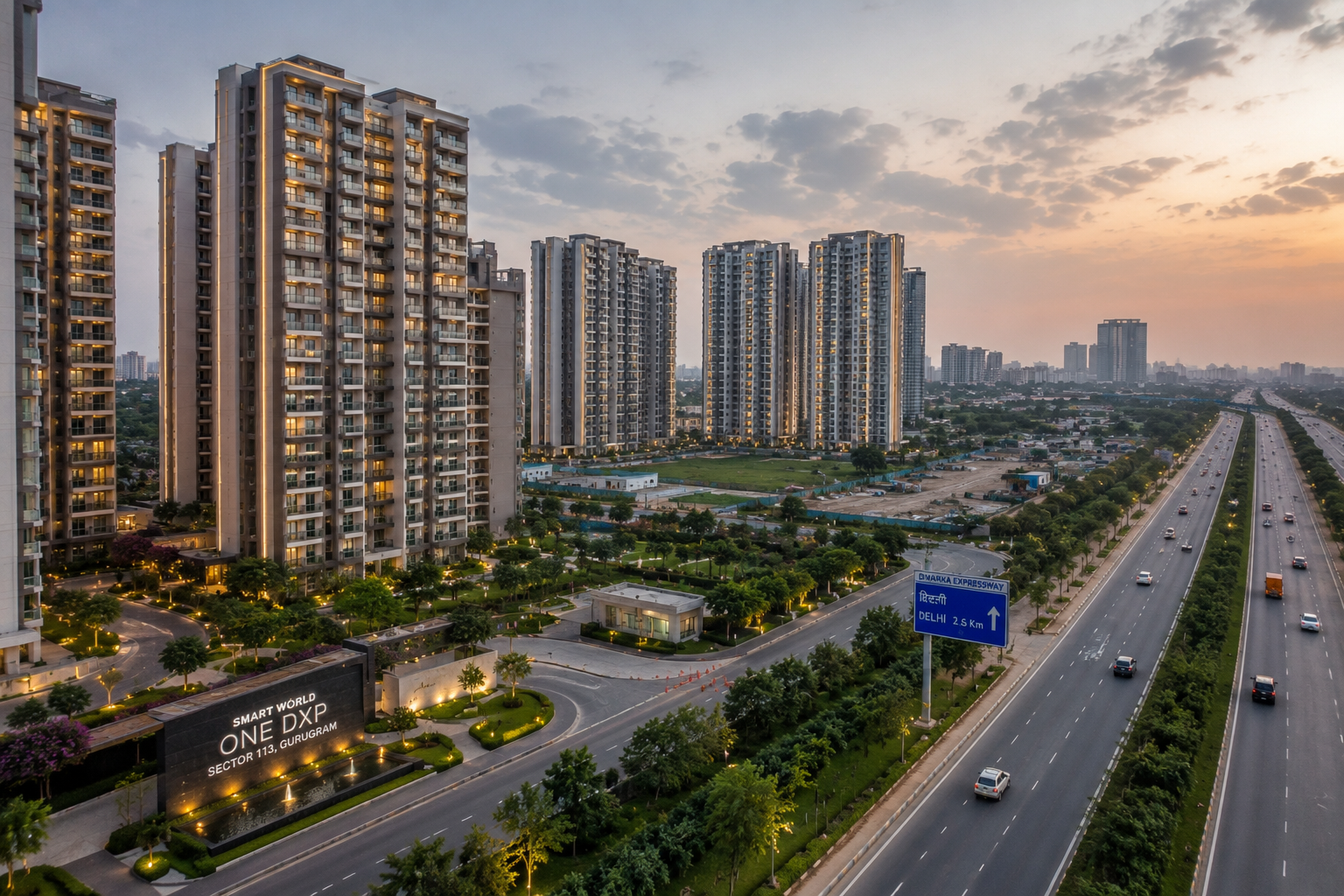 generate image, Luxury high-rise apartments in Sector 113 Dwarka Expressway Gurgaon near Delhi border, premium skyline, wide roads, modern urban infrastructure, realistic Indian luxury real estate photography