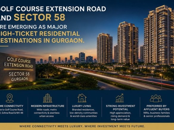Sector 58 Gurgaon luxury skyline with branded residential towers