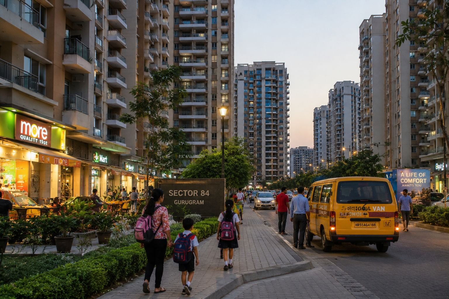 Operational residential societies and local retail activity in Sector 84 Gurgaon