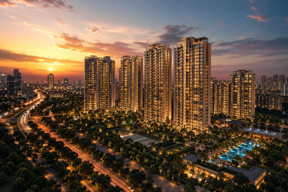 Oberoi Realty Three Sixty North Gurgaon skyline at sunset