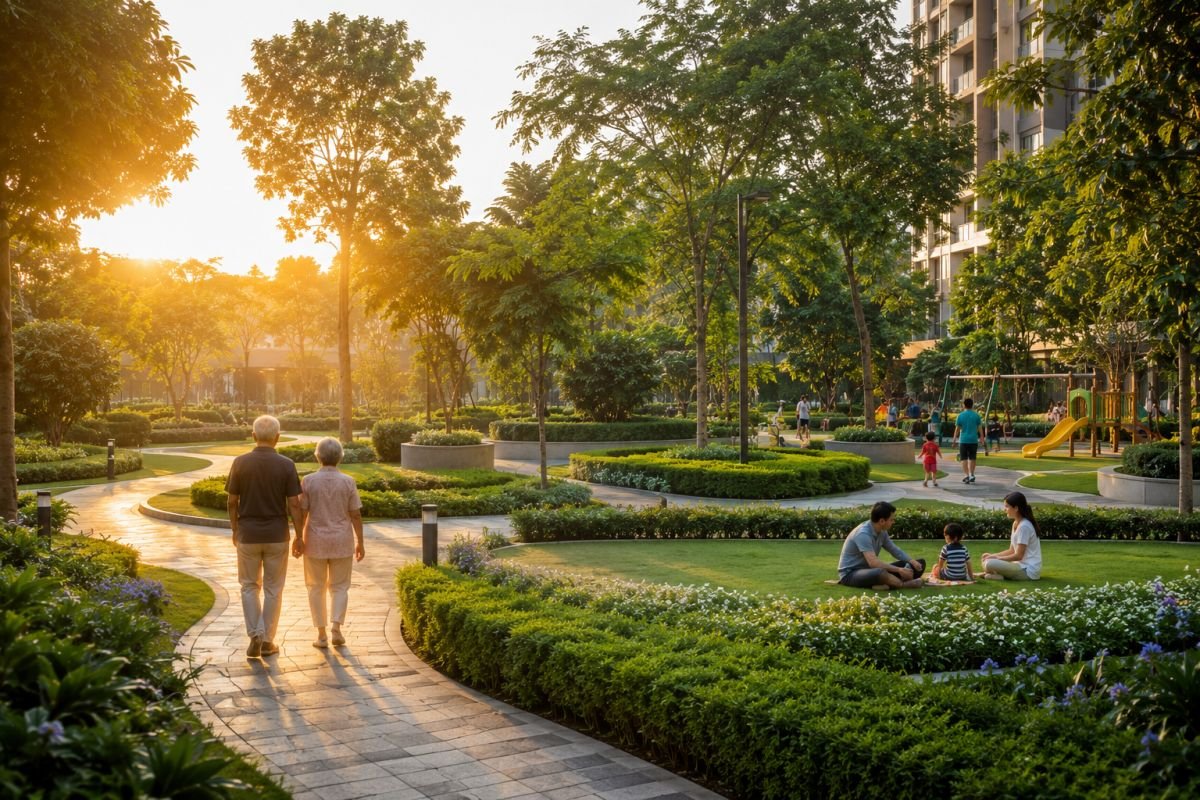 Landscaped gardens and walking trails at Ashiana Aaroham