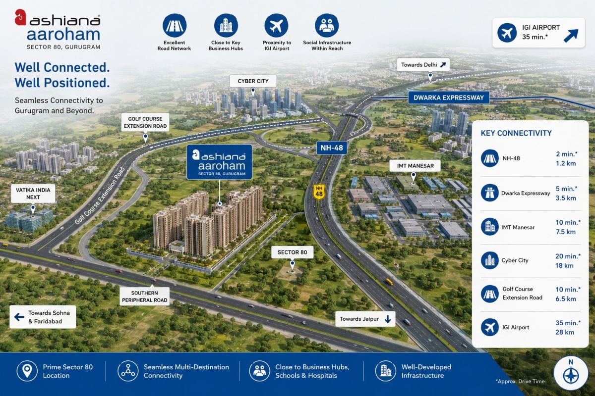 Location connectivity of Ashiana Aaroham Sector 80 to NH-48 and Dwarka Expressway