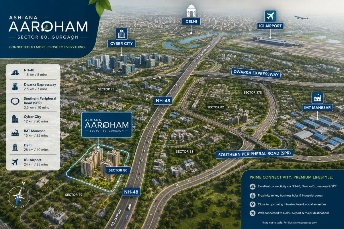 Ashiana Aaroham Sector 80 location map showing NH-48 and Dwarka Expressway connectivity