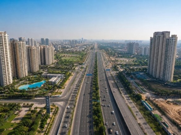 Aerial view of Dwarka Expressway with modern residential developments in Gurgaon