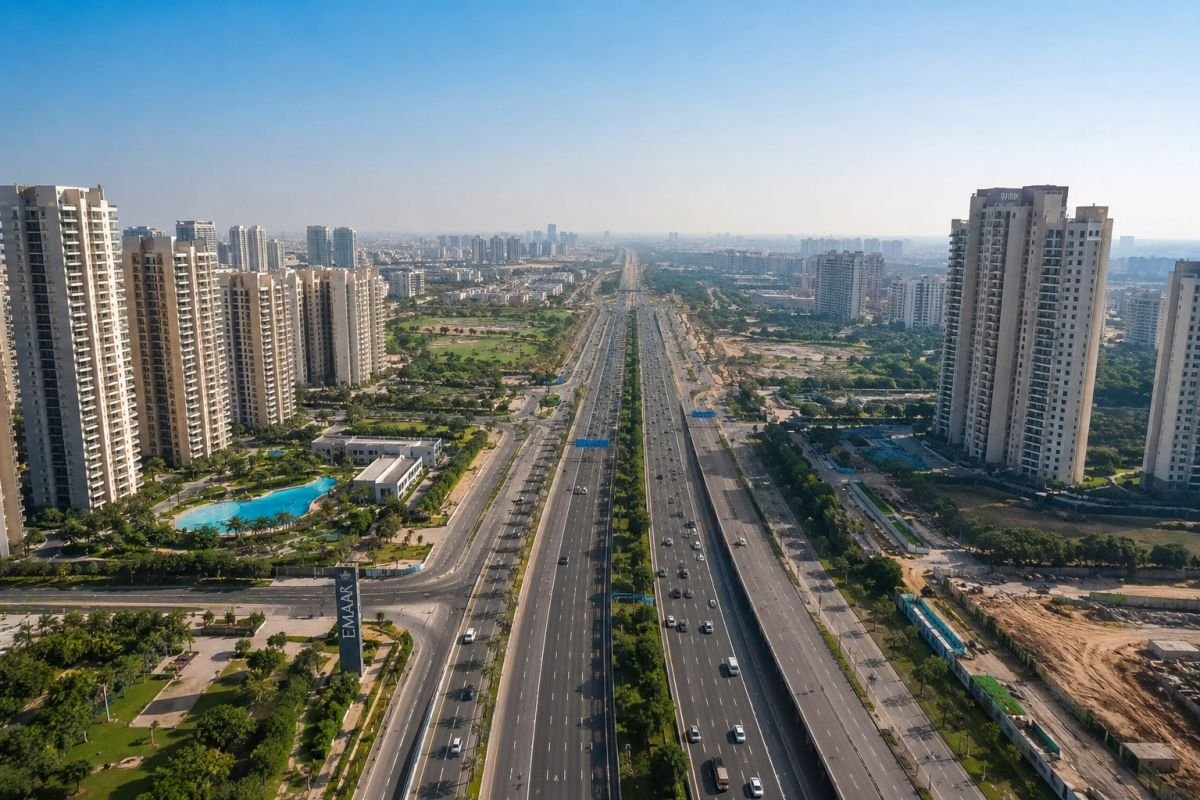 Aerial view of Dwarka Expressway with modern residential developments in Gurgaon