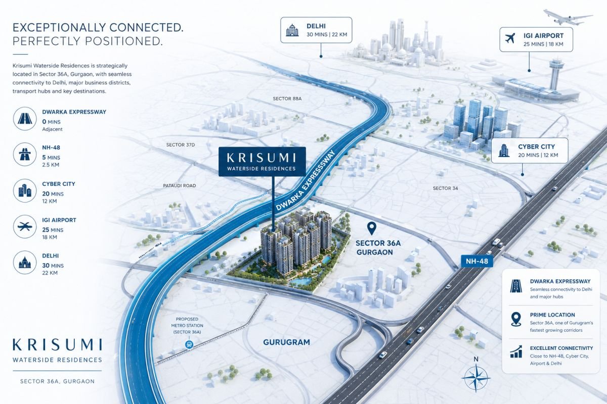 Prime location of Krisumi Waterside Residences in Sector 36A Gurgaon