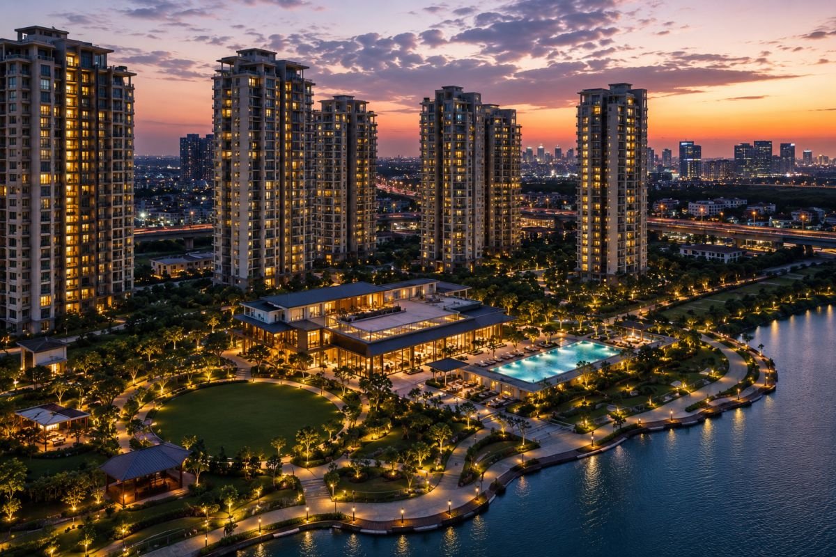 Evening aerial view of Krisumi Waterside Residences Sector 36A