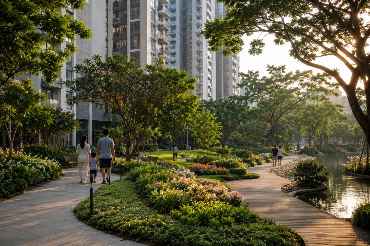 Landscaped gardens and walking trails at Krisumi Waterside Residences