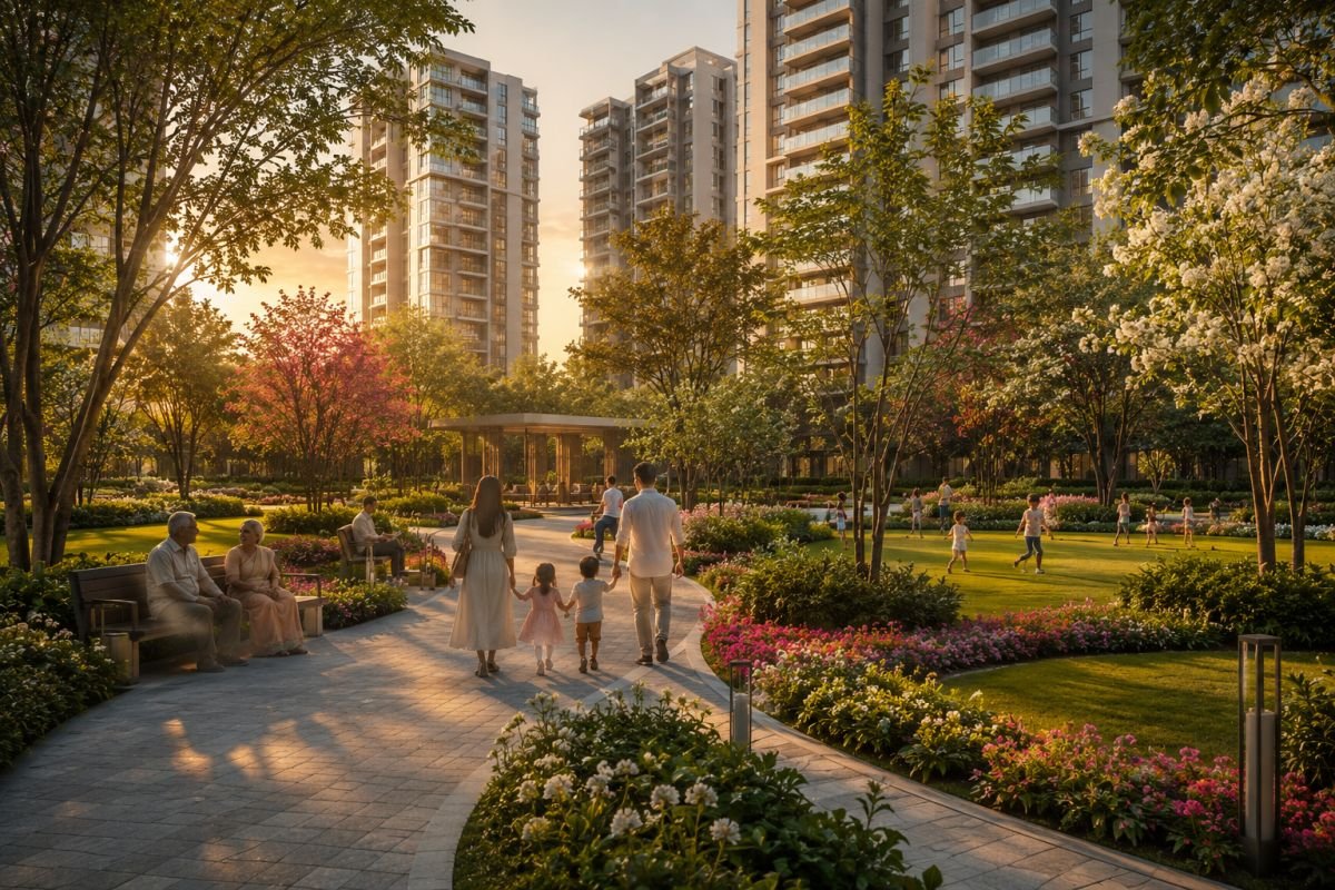 Landscaped gardens and open green spaces at Krisumi Waterside Gurgaon