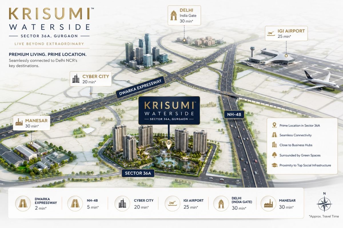Krisumi Waterside location in Sector 36A near Dwarka Expressway
