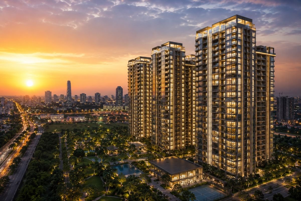 Sunset skyline view of Oberoi 360 North Gurgaon luxury towers