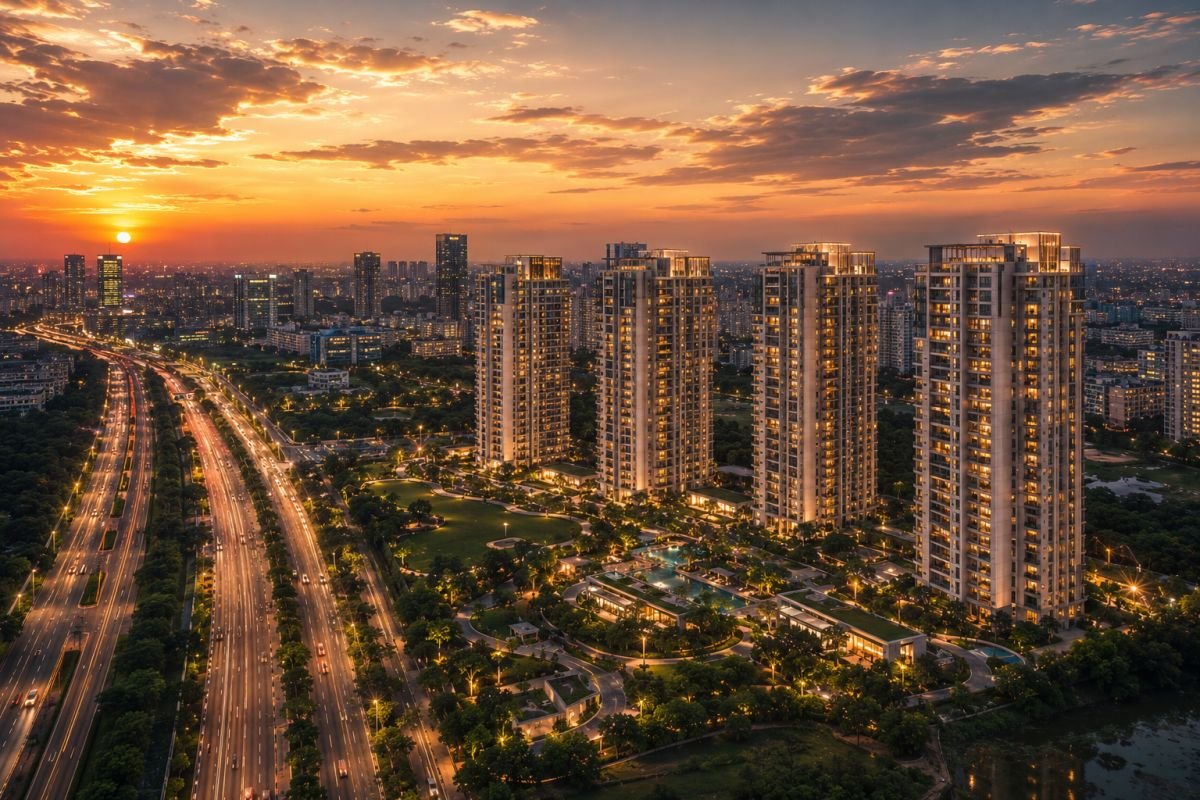 Oberoi Realty Three Sixty North Gurgaon skyline at sunset