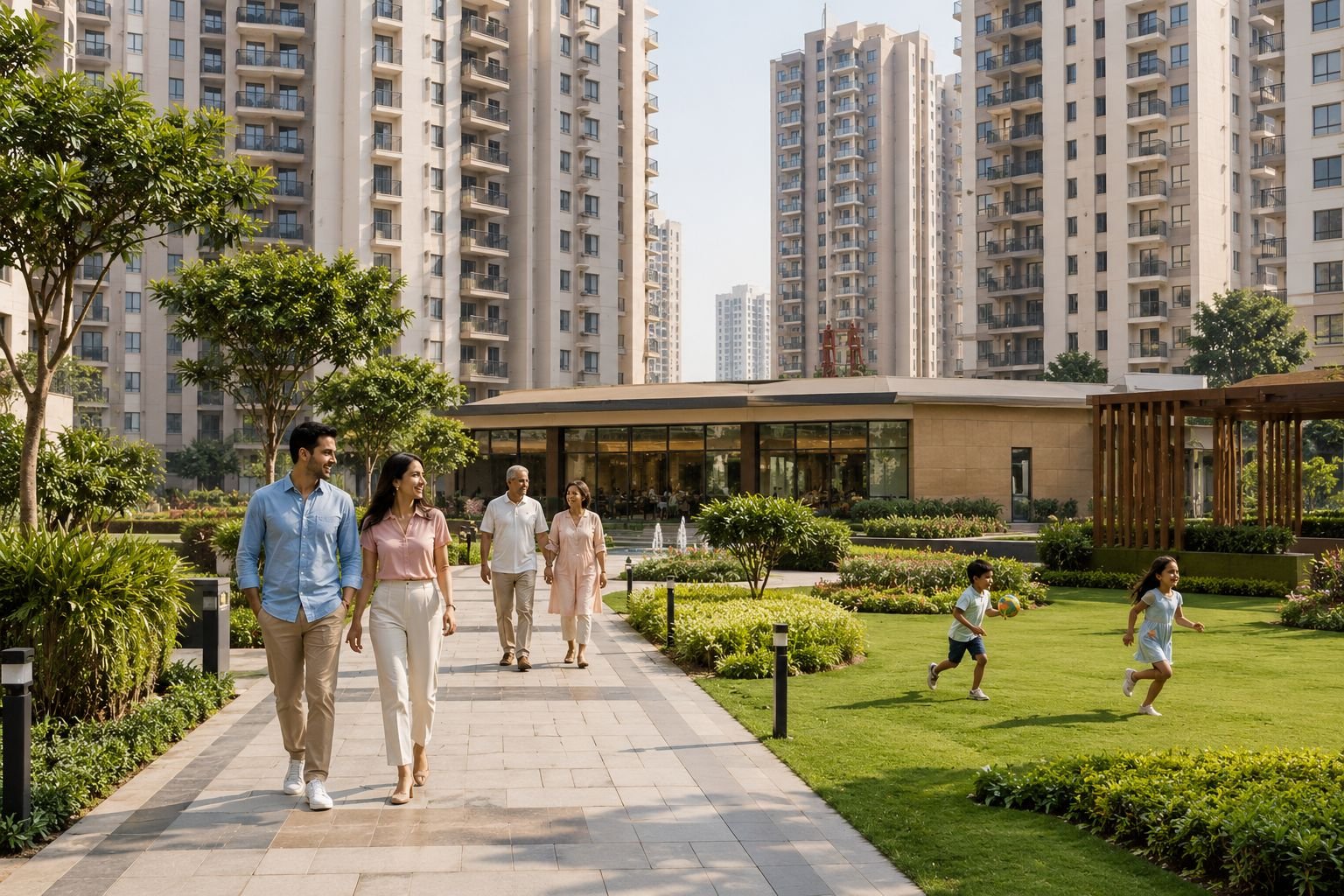 Families walking inside a gated residential community in Sector 104 Gurgaon