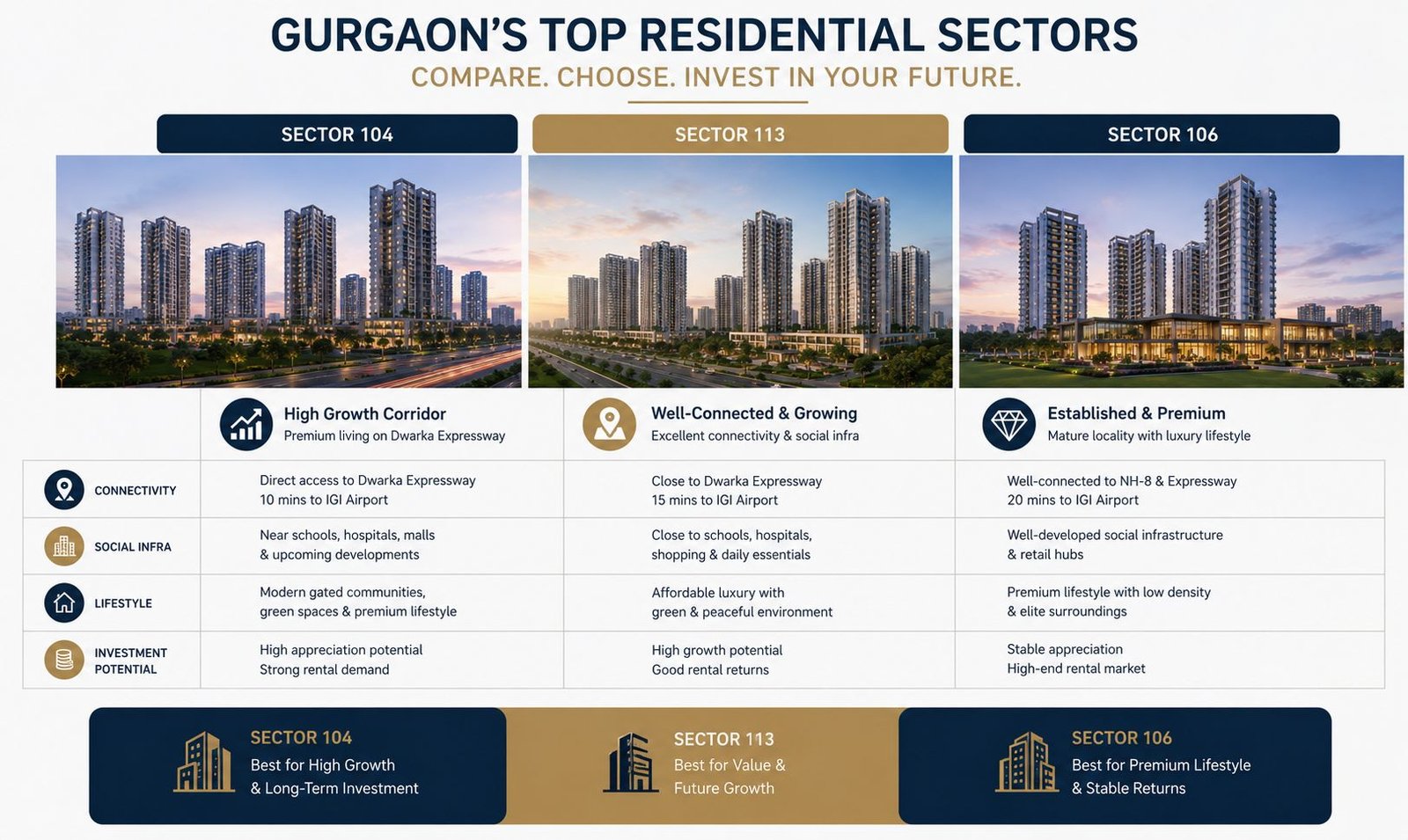 Comparison of Sector 104, Sector 106 and Sector 113 Gurgaon