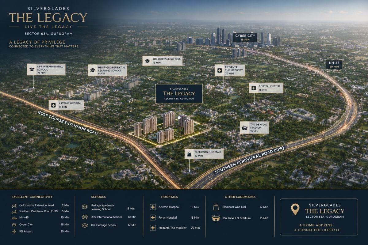 Connectivity from Silverglades The Legacy Sector 63A to Golf Course Extension Road and Gurgaon landmarks