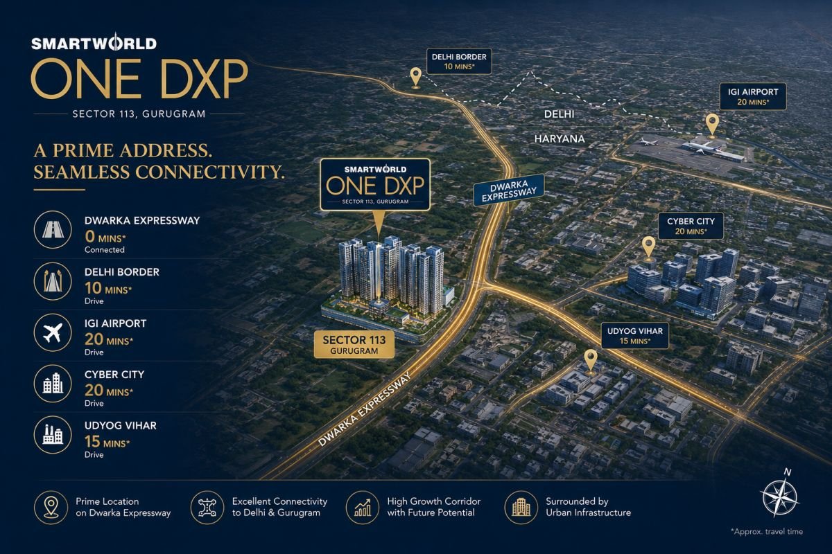 Smartworld One DXP location on Dwarka Expressway with connectivity to Delhi and IGI Airport