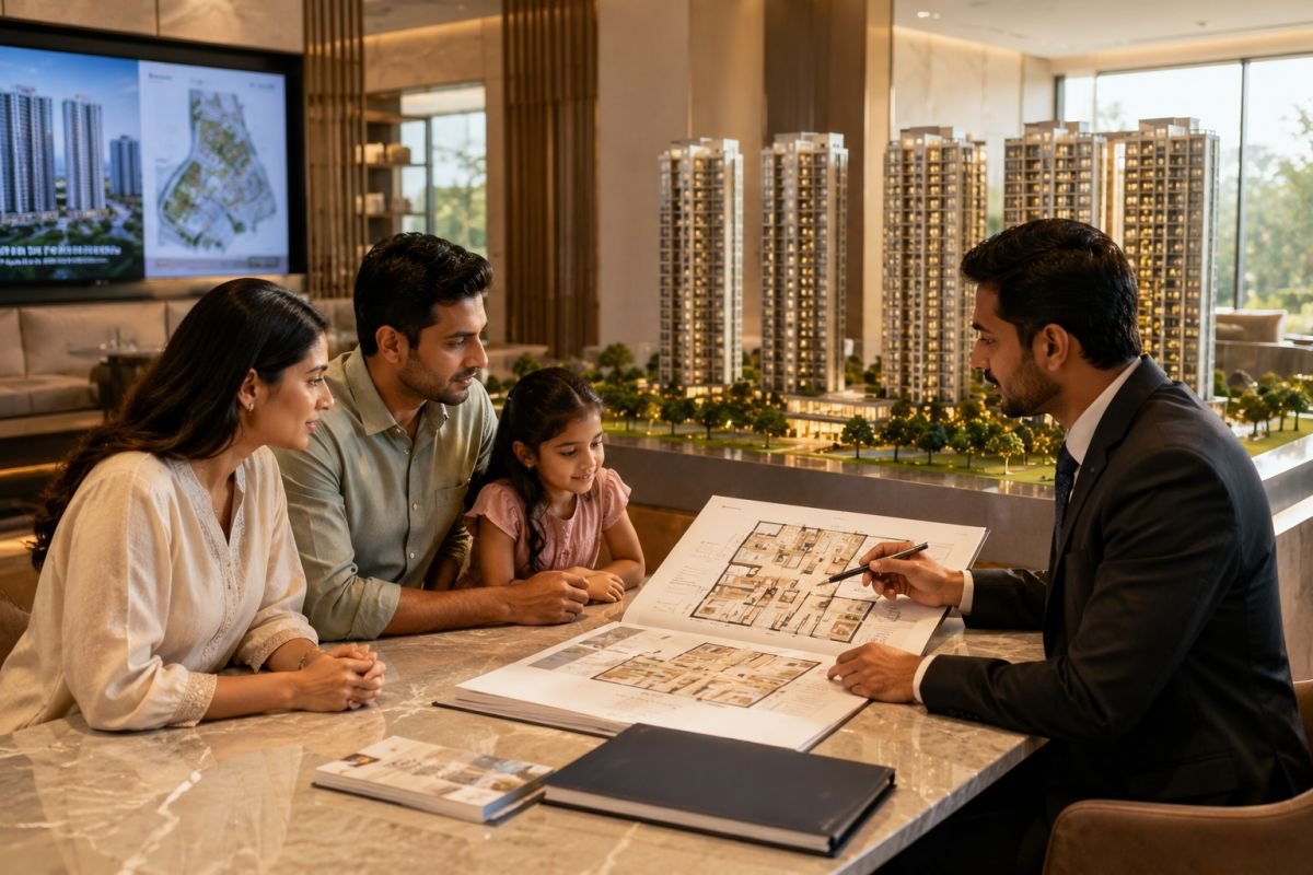 Homebuyers exploring Smartworld One DXP luxury apartments