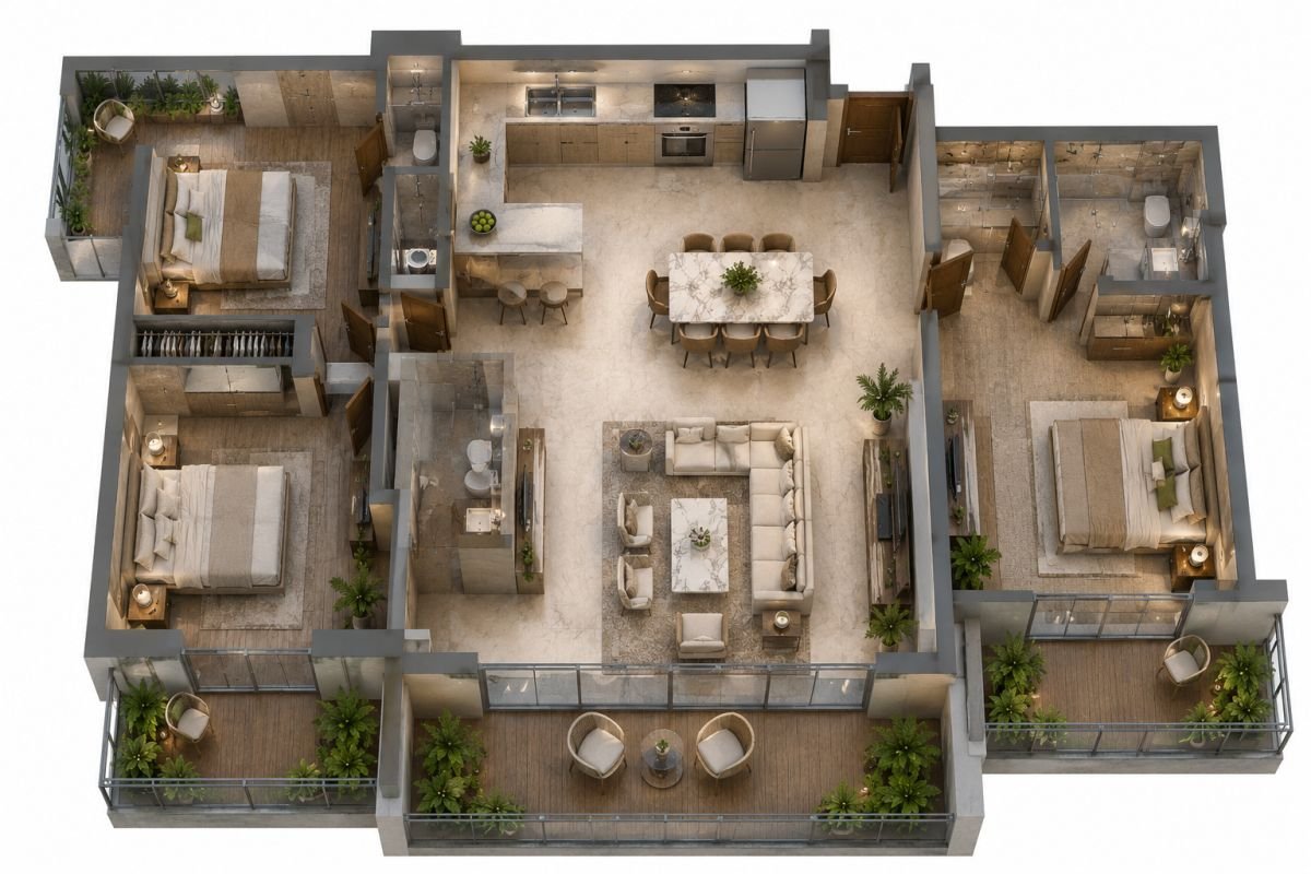 Spacious 3 BHK floor plan in Emaar Serenity Hills