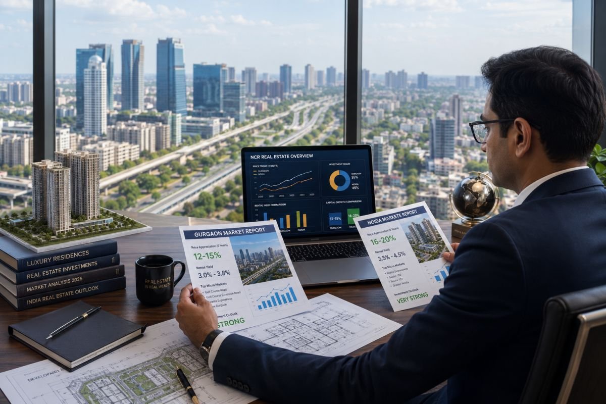 Investor analysing Gurgaon and Noida real estate opportunities for long-term property investment in NCR.