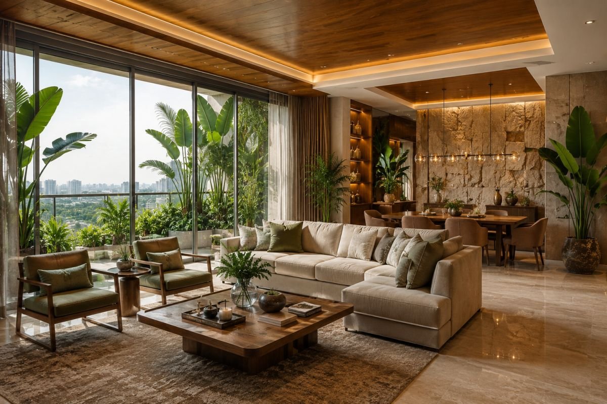 Biophilic luxury home interior with indoor plants and natural lighting in India