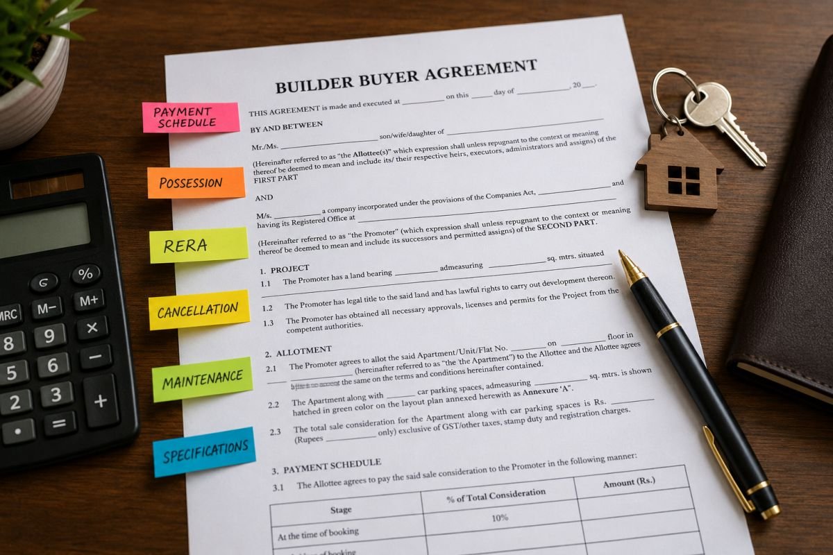 Builder buyer agreement checklist showing important legal clauses before signing