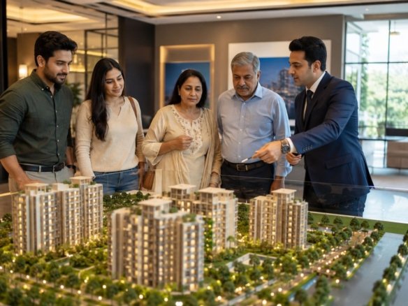 Indian family helping retired parents choose a modern retirement-friendly apartment