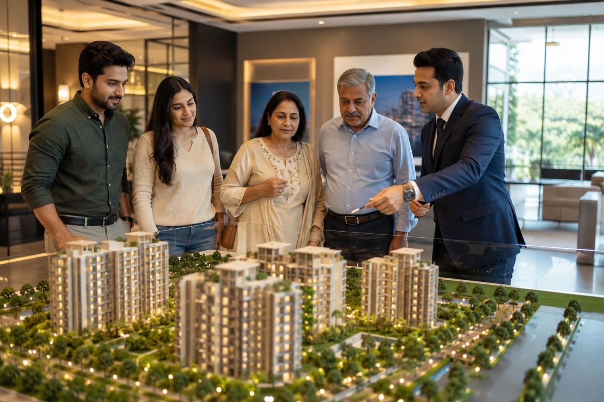 Indian family helping retired parents choose a modern retirement-friendly apartment