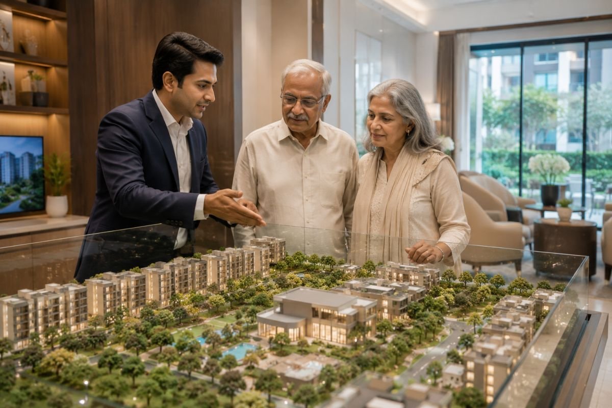 Homebuyers discussing senior-centric property with a real estate advisor