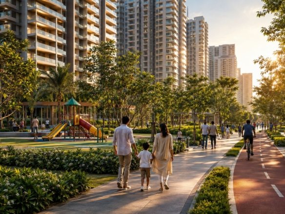 Child-friendly residential community with families and children enjoying outdoor spaces
