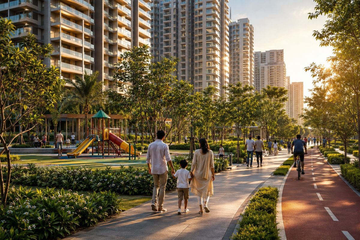 Child-friendly residential community with families and children enjoying outdoor spaces