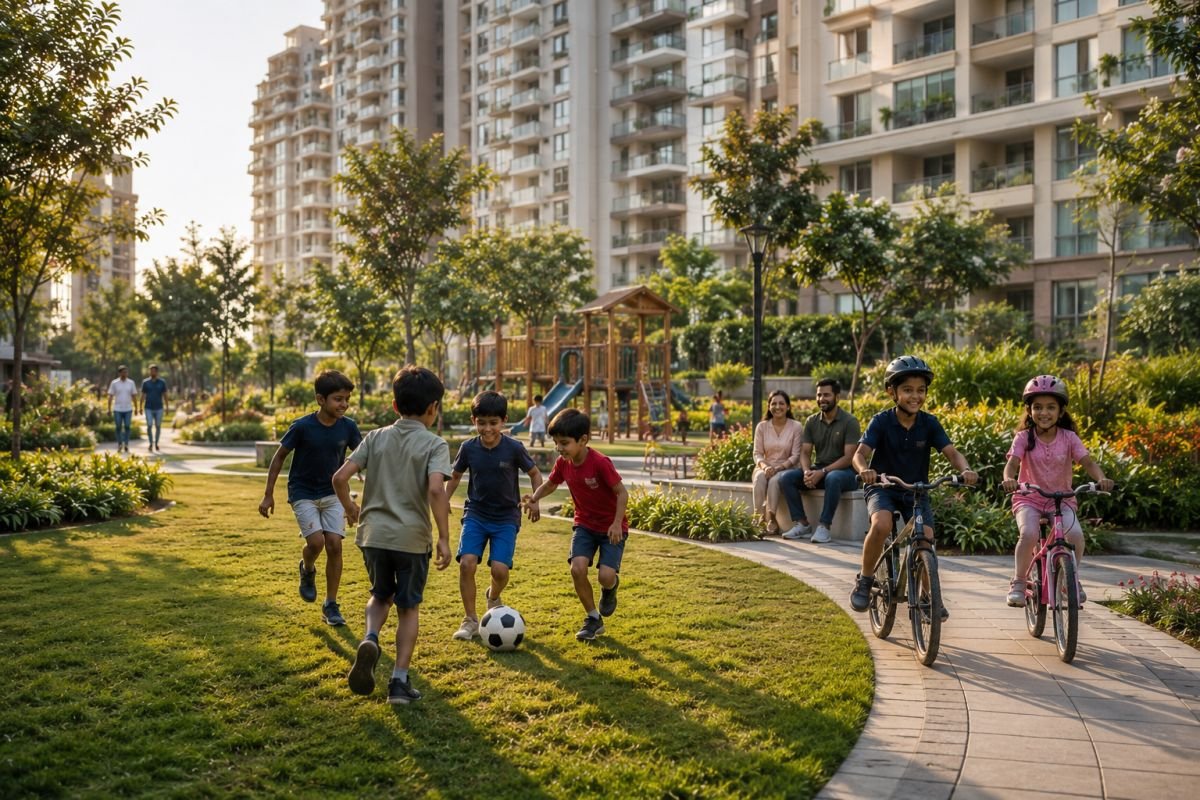 Children playing safely in a gated residential community park