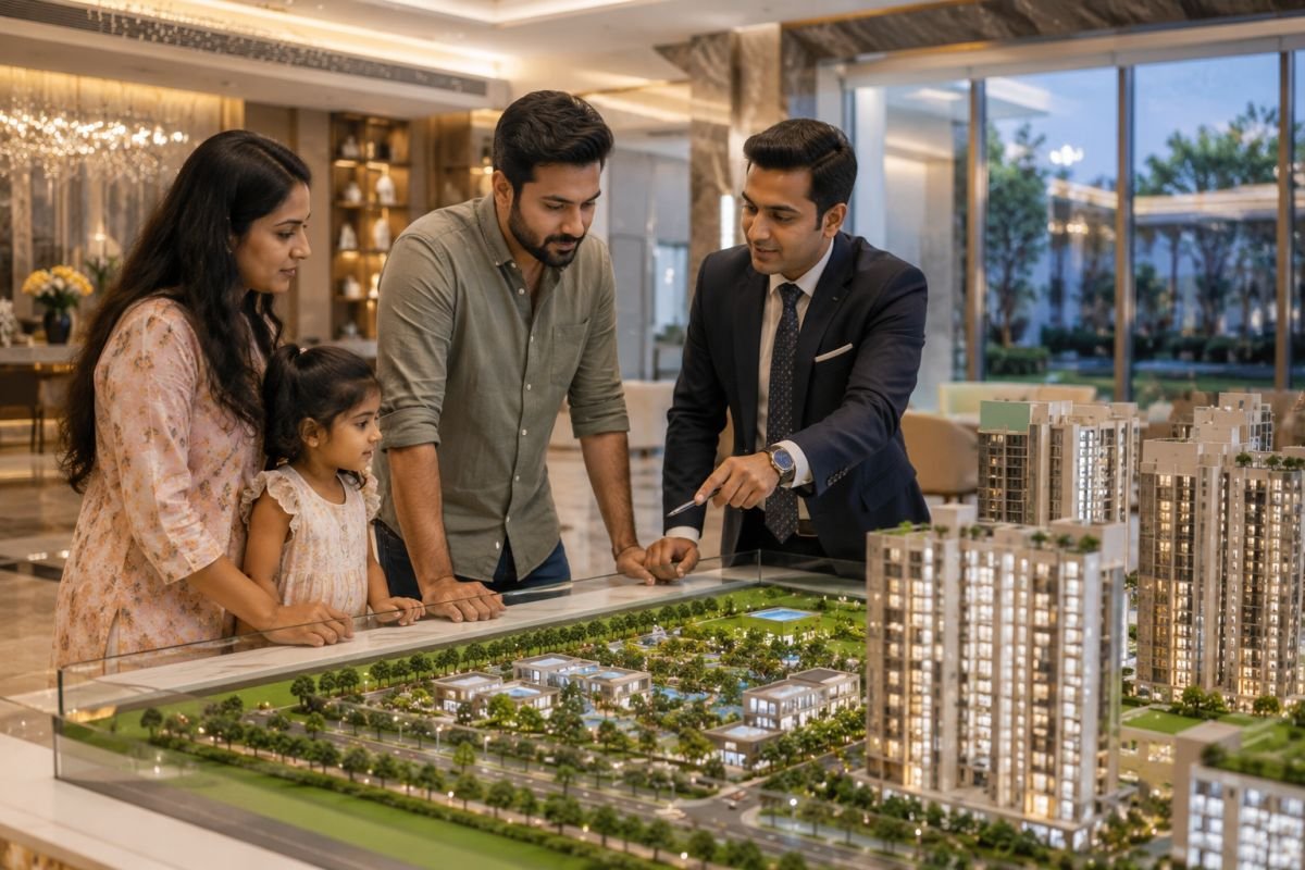 Parents discussing the purchase of a kid-centric home with a real estate advisor
